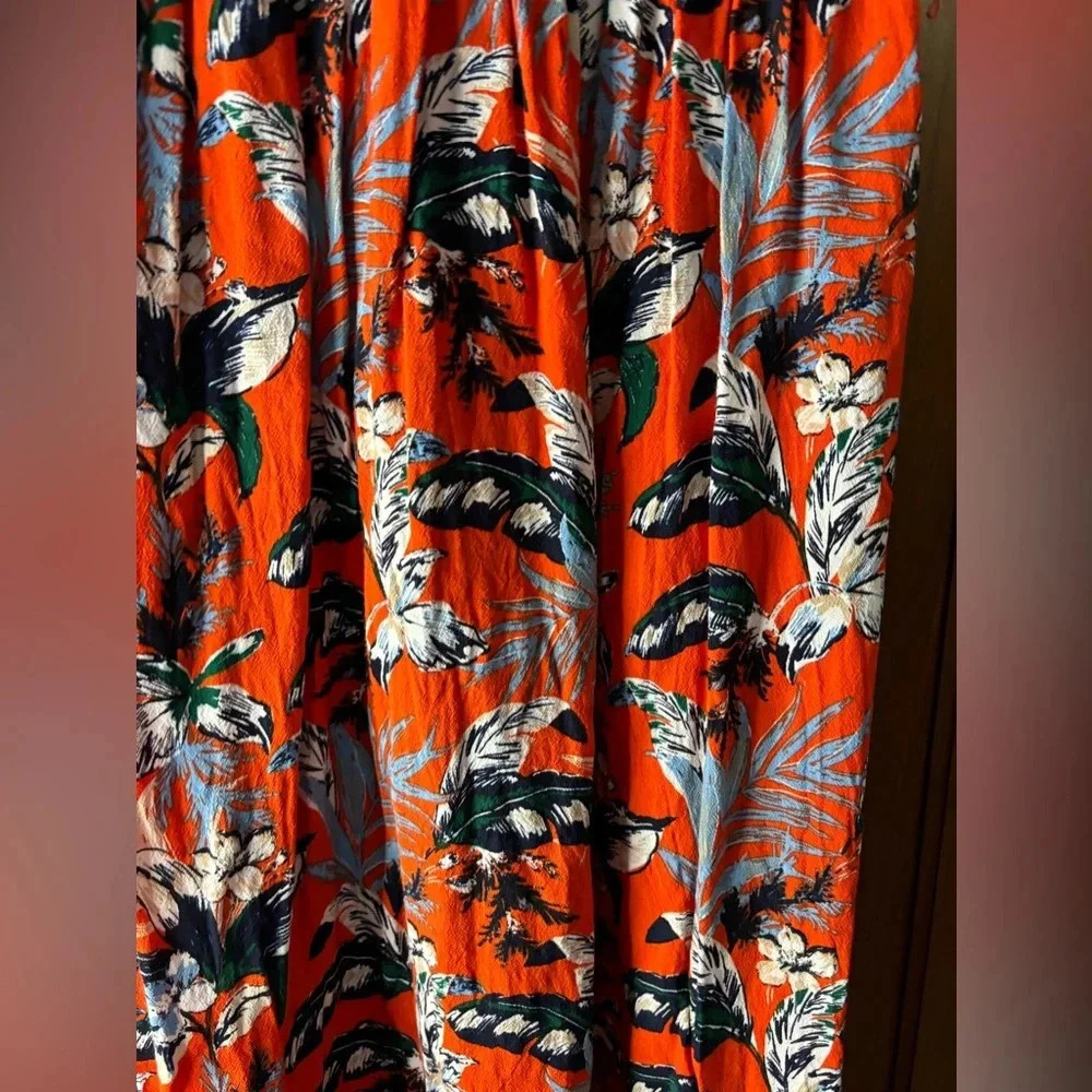 LOFT Midi Dress Red Floral Tropical Fit Flare 2p missing belt but still cute - Picture 8 of 9